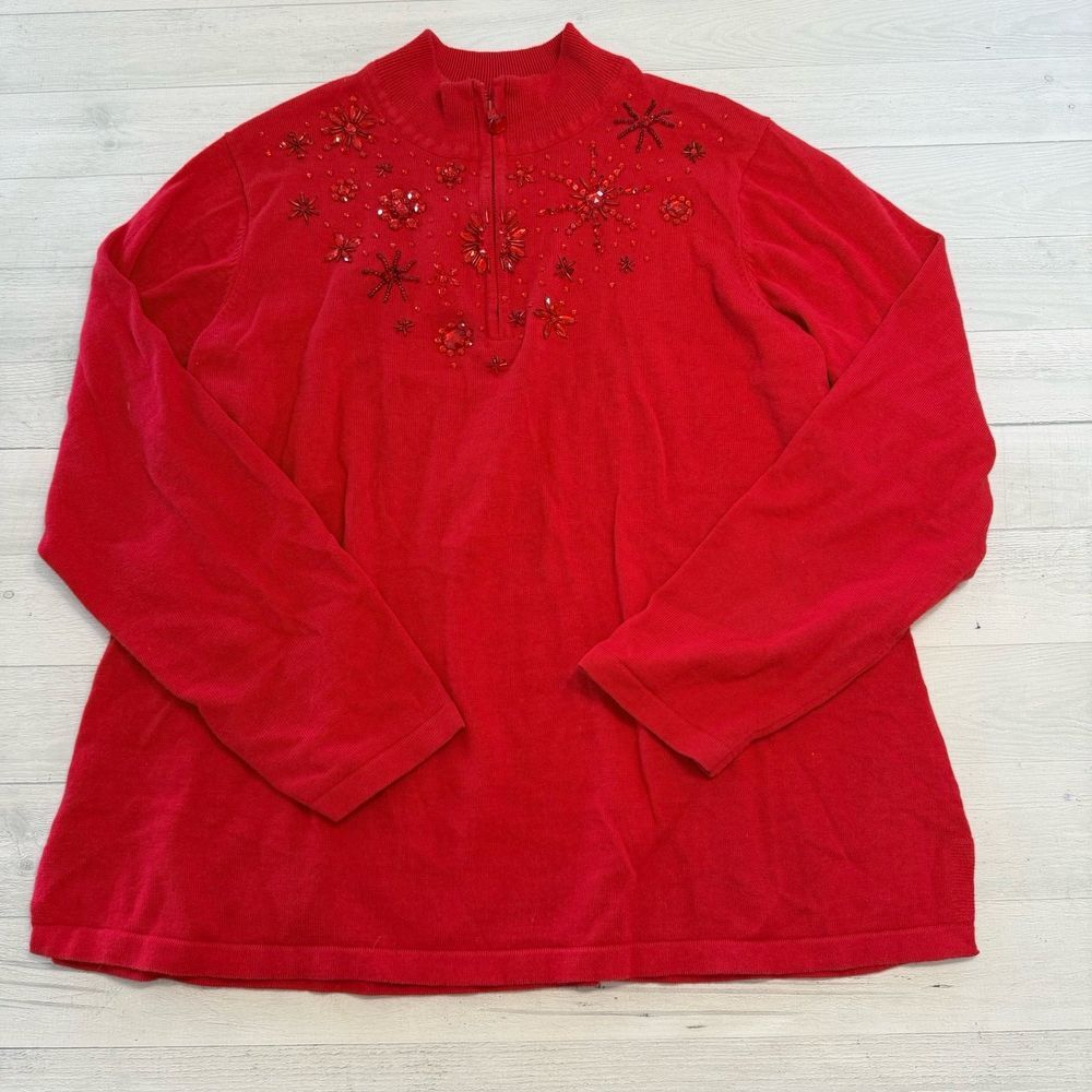 Quaker Factory women's red beaded snowflake sweater XL